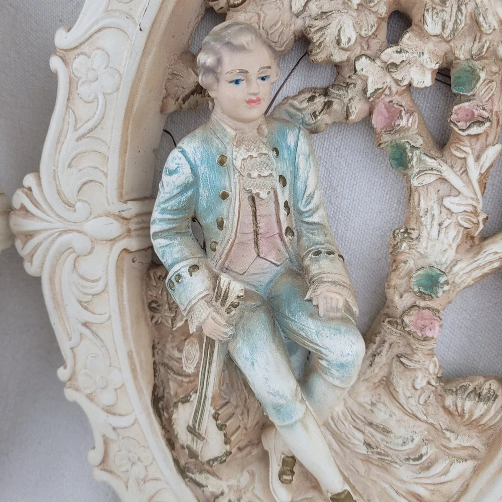 Vintage 1962 Jayess United Chicago Chalkware Wall Plaques Rococo Couple Set of 2